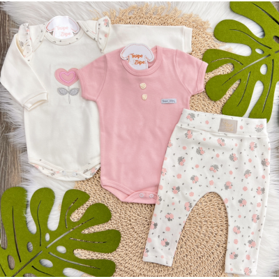 Conj. de Malha 3 peças - Flor de Coração - Off White e Rosa